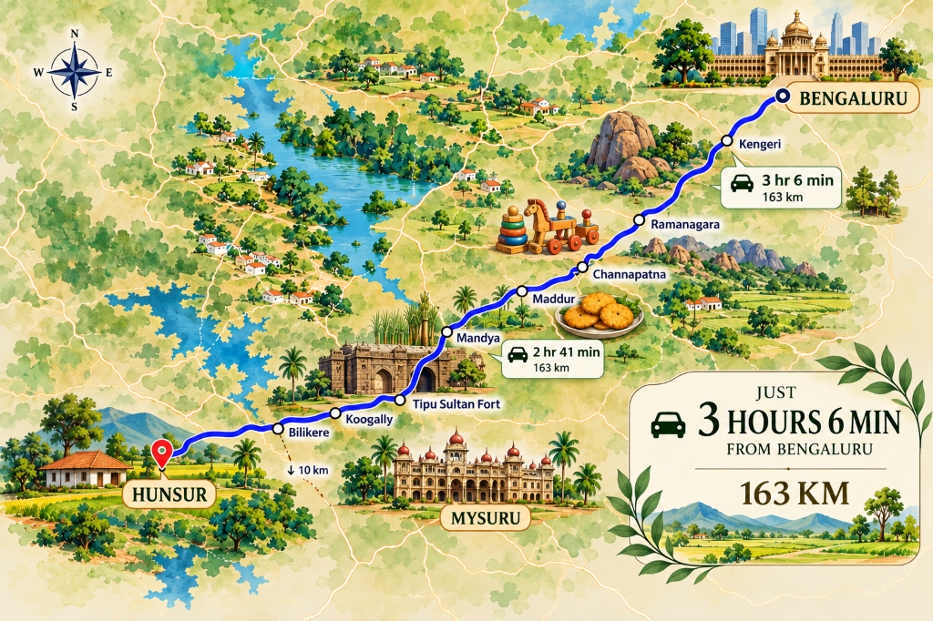 Illustrated route map from Bengaluru to Hunsur via Kengeri, Ramanagara, Channapatna, Maddur, Mandya, Tipu Sultan Fort, Koogally, Bilikere: Just 3 Hours 6 Min, 163 km